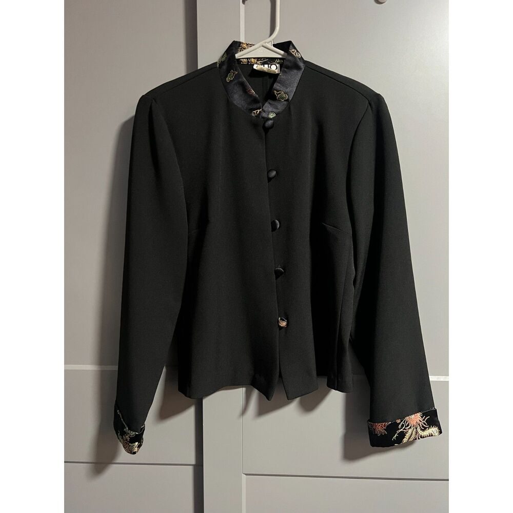 CLIO Petites Women Button Up Chinese Accented Jacket Black 10(US M) Minimalist